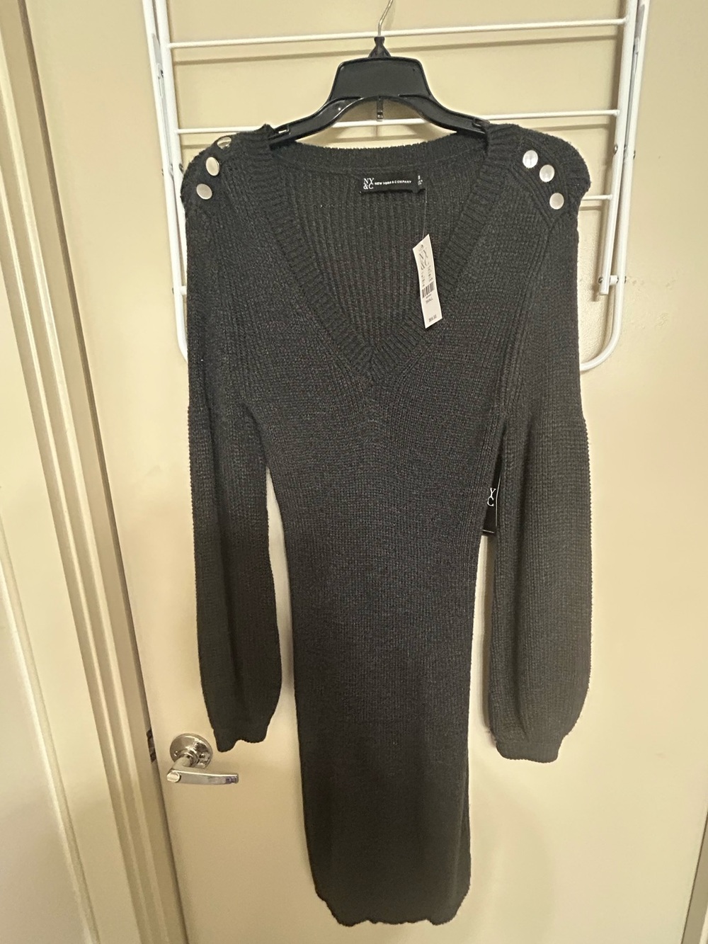 Charcoal Knit V-Neck Button-Shoulder Sweater Dress